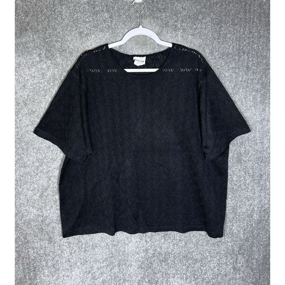 Vintage Bentley Plus Perforated Knit Top Womens‎ Size 2X Black Short Sleeve
